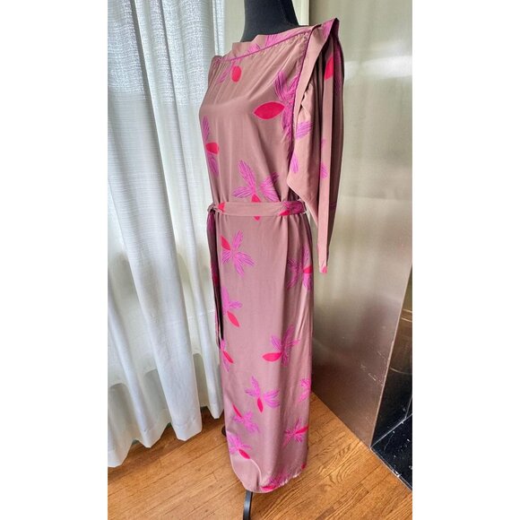 Vintage 80s dress, mauve, hot pink, fuchsia floral, wide shoulders, batwing - Picture 4 of 10